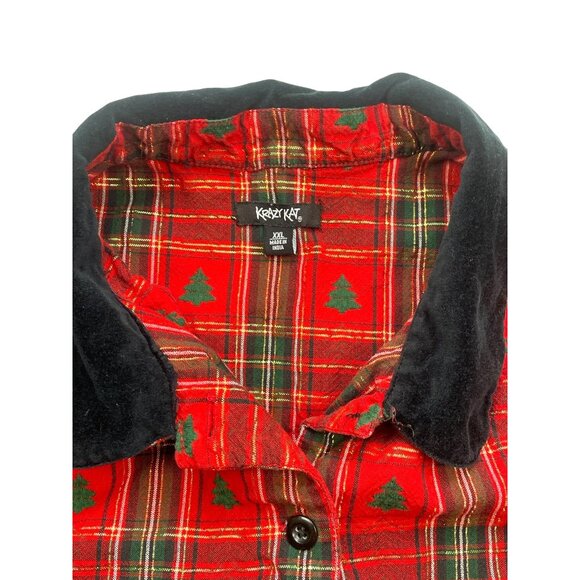 Krazy Kat XXL Red Plaid Christmas Tree Button-Down Shirt Velvet Collar - Picture 5 of 8